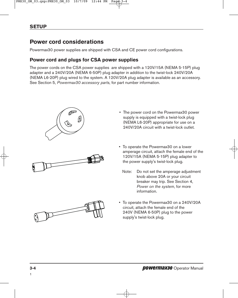 Powermax30, Power cord considerations | Hypertherm Powermax30 Operator Manual User Manual | Page 58 / 98