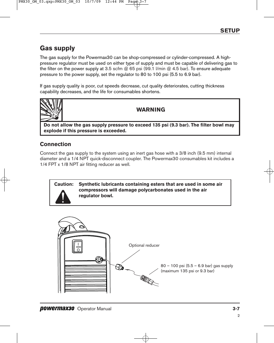 Powermax30, Gas supply | Hypertherm Powermax30 Operator Manual User Manual | Page 61 / 98