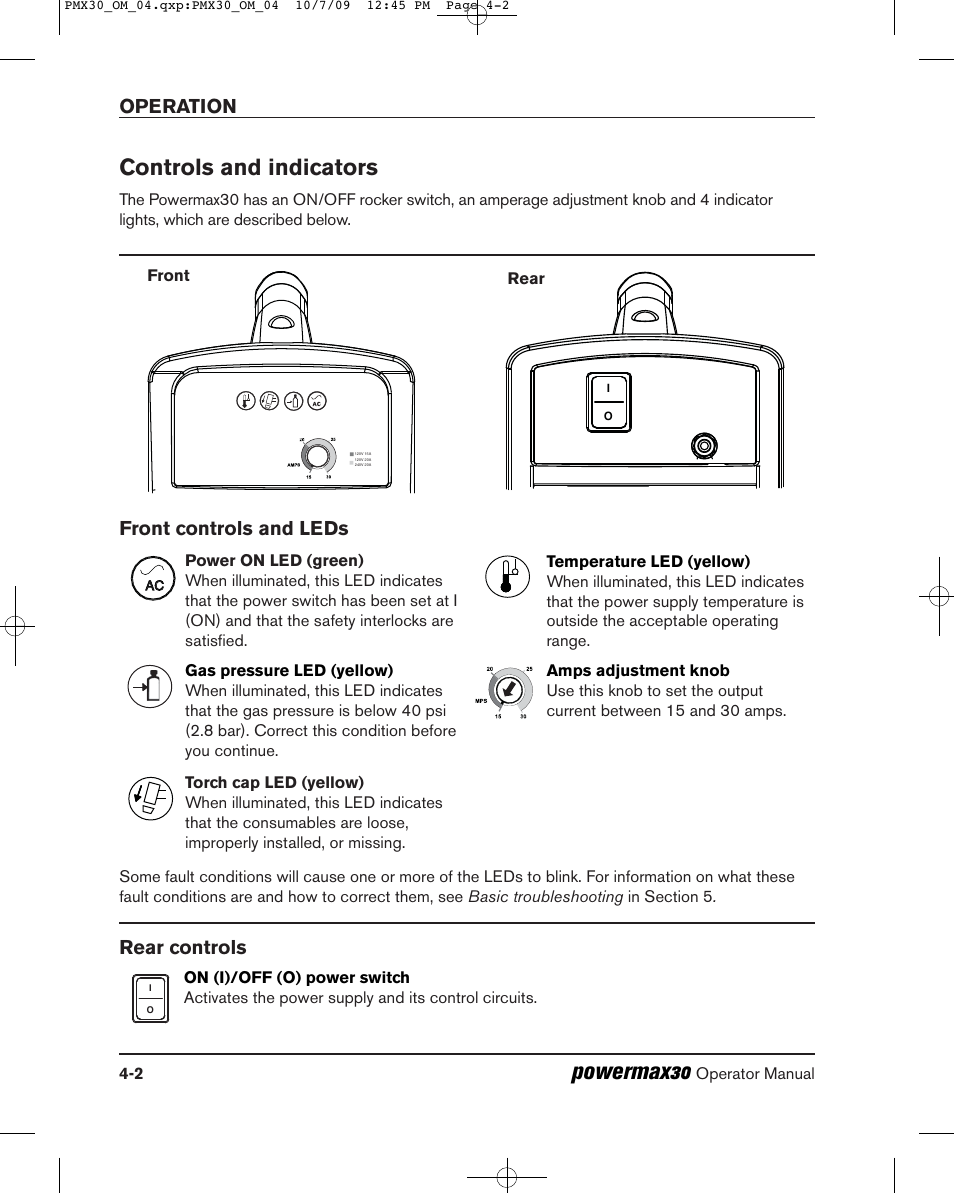 Powermax30, Controls and indicators, Operation | Rear controls, Front controls and leds | Hypertherm Powermax30 Operator Manual User Manual | Page 64 / 98