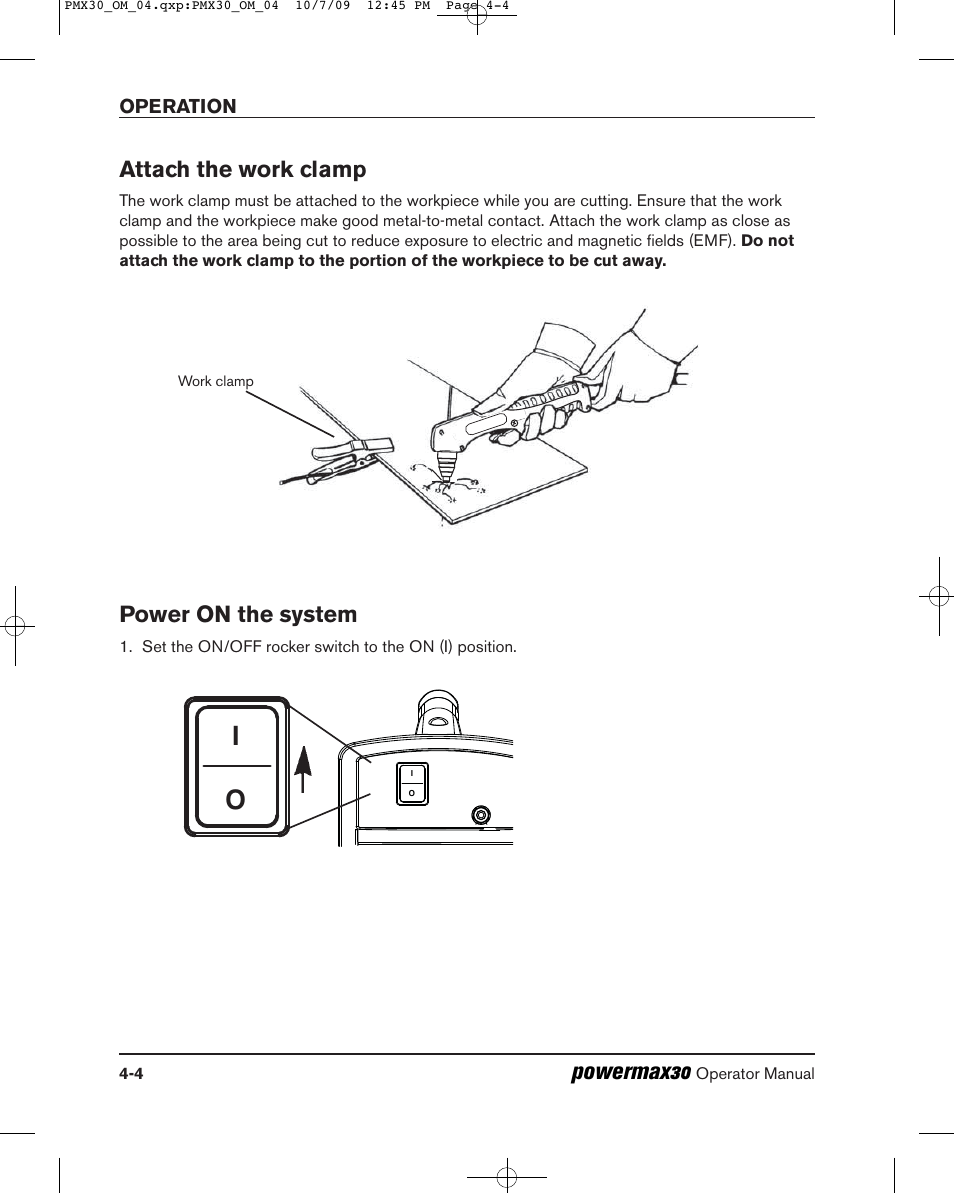 Powermax30, Attach the work clamp, Power on the system | Hypertherm Powermax30 Operator Manual User Manual | Page 66 / 98