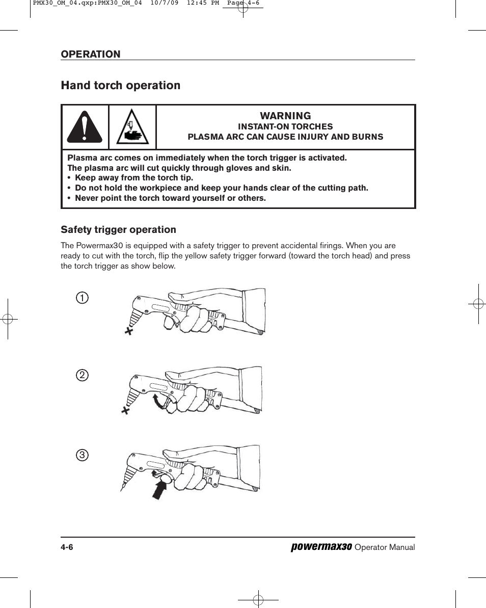 Powermax30, Hand torch operation | Hypertherm Powermax30 Operator Manual User Manual | Page 68 / 98