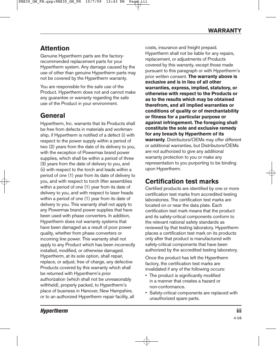 Attention, General, Certification test marks | Hypertherm Powermax30 Operator Manual User Manual | Page 7 / 98