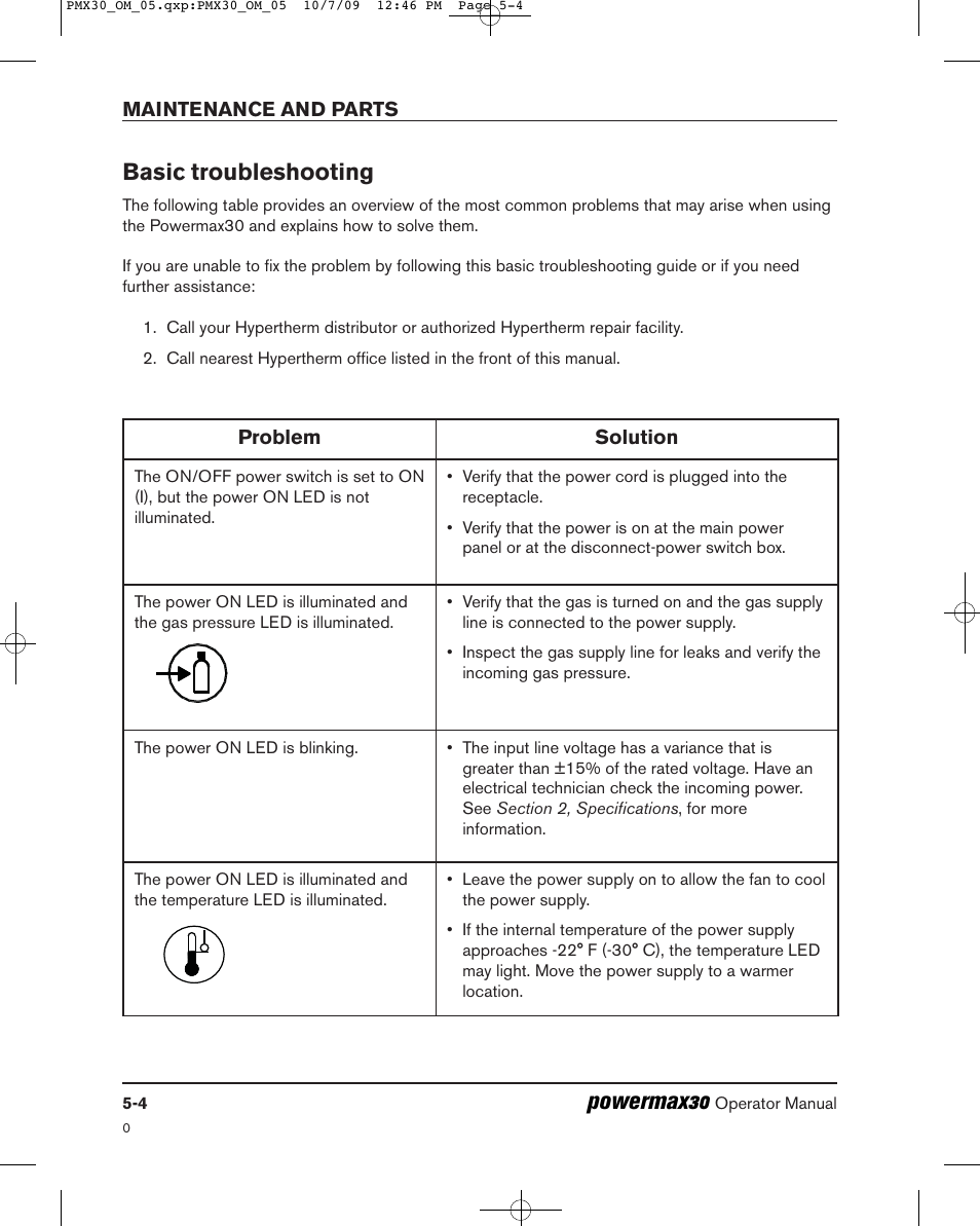 Powermax30, Basic troubleshooting | Hypertherm Powermax30 Operator Manual User Manual | Page 78 / 98