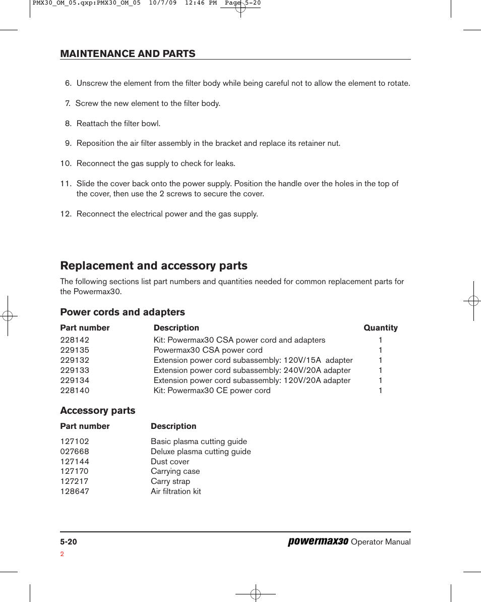 Powermax30, Replacement and accessory parts | Hypertherm Powermax30 Operator Manual User Manual | Page 94 / 98