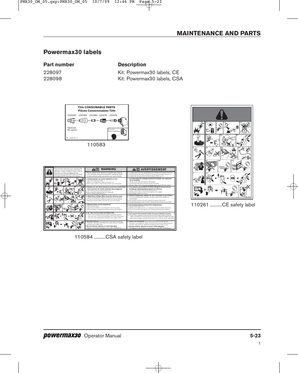Powermax30, Maintenance and parts, Powermax30 labels | Operator manual 5-23 | Hypertherm Powermax30 Operator Manual User Manual | Page 97 / 98