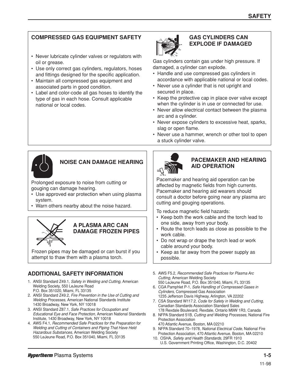 Compressed gas equipment safety -5, Gas cylinders can exploded if damaged -5, Noise can damage hearing -5 | Pacemaker and hearing aid operation -5, Additional safety information -5 | Hypertherm Powermax600 Operator Manual User Manual | Page 12 / 67