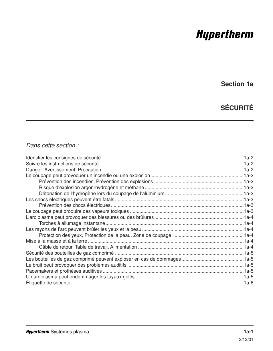 Section 1a - sécurité, Section 1a sécurité | Hypertherm Powermax600 Operator Manual User Manual | Page 14 / 67