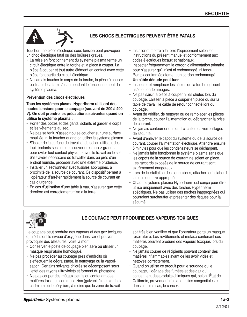 Les chocs électriques peuvent être fatals a-3, Prévention des chocs électriques a-3 | Hypertherm Powermax600 Operator Manual User Manual | Page 16 / 67