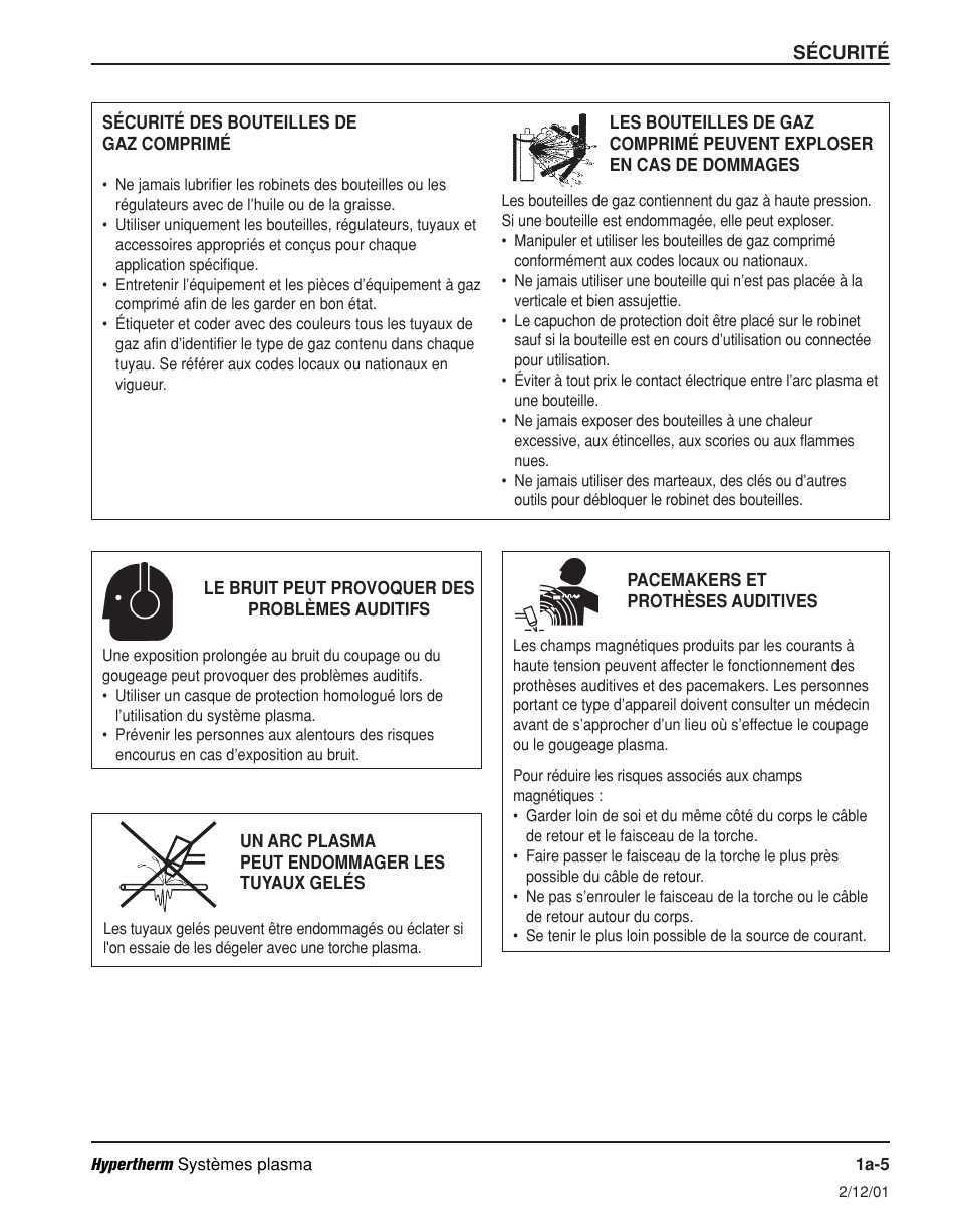 Sécurité des bouteilles de gaz comprimé a-5, Le bruit peut provoquer des problèmes auditifs a-5, Pacemakers et prothéses auditives a-5 | Hypertherm Powermax600 Operator Manual User Manual | Page 18 / 67