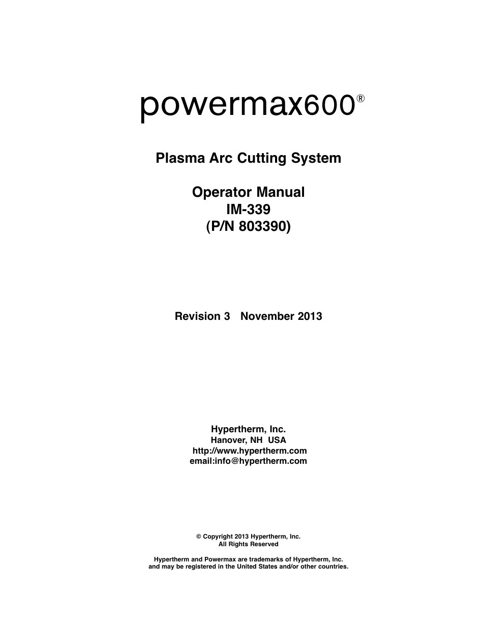 Powermax | Hypertherm Powermax600 Operator Manual User Manual | Page 2 / 67