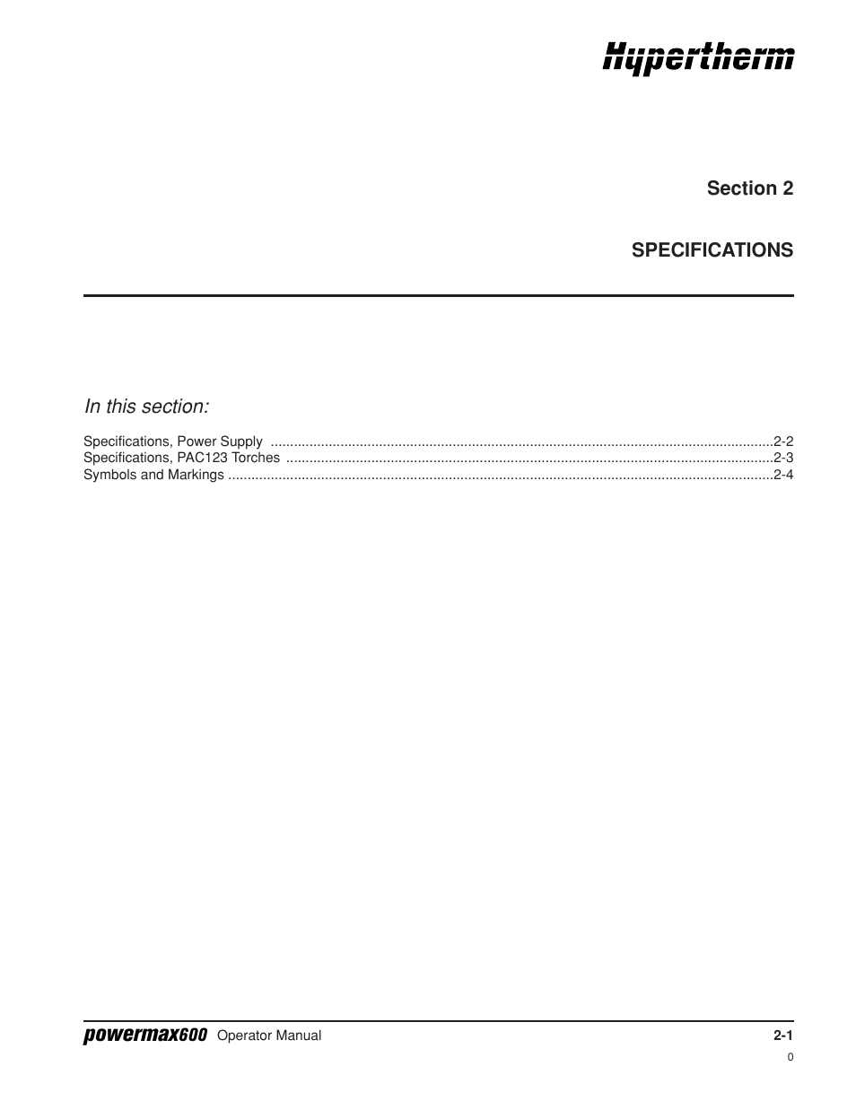 Section 2 - specifications, Section 2 specifications, Powermax | Hypertherm Powermax600 Operator Manual User Manual | Page 20 / 67