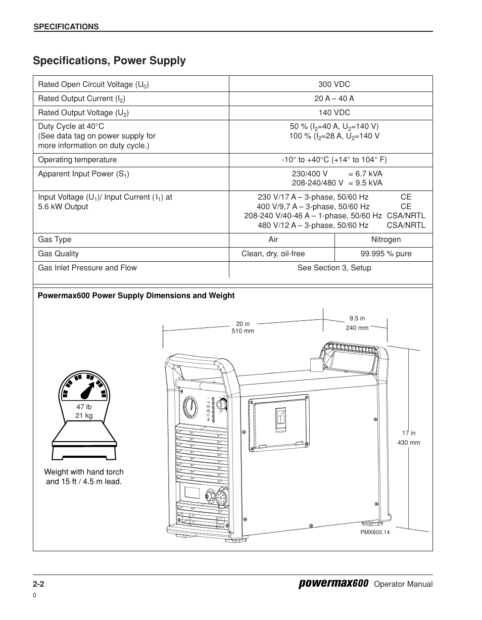 Specifications, power supply -2, Powermax, Specifications, power supply | Hypertherm Powermax600 Operator Manual User Manual | Page 21 / 67