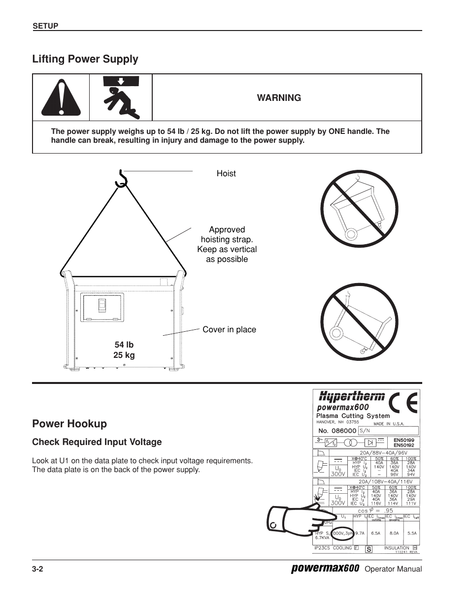 Lifting power supply -2, Powermax, Lifting power supply | Power hookup | Hypertherm Powermax600 Operator Manual User Manual | Page 25 / 67