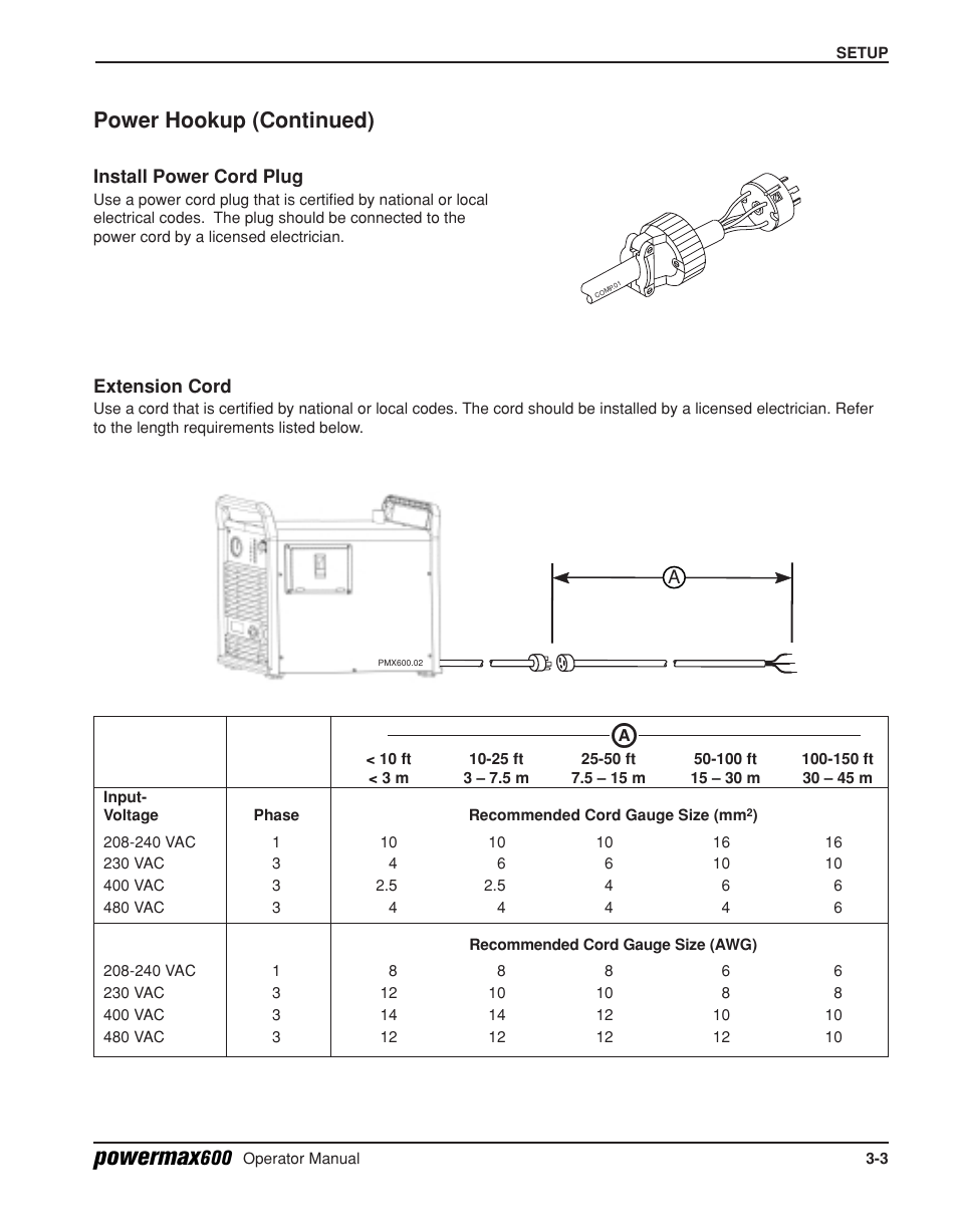 Power hookup -3, Powermax, Power hookup (continued) | Hypertherm Powermax600 Operator Manual User Manual | Page 26 / 67