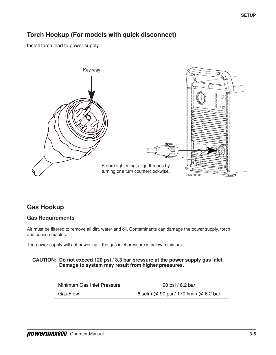 Torch hookup (208-240/480 volt only) -5, Powermax, Gas hookup | Torch hookup (for models with quick disconnect) | Hypertherm Powermax600 Operator Manual User Manual | Page 28 / 67