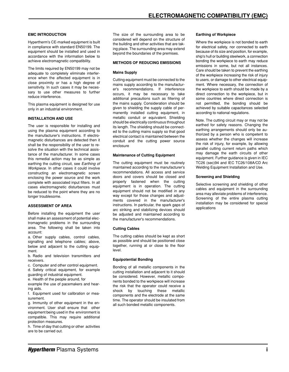 Electromagnetic compatibility (emc), Hypertherm plasma systems i | Hypertherm Powermax600 Operator Manual User Manual | Page 4 / 67