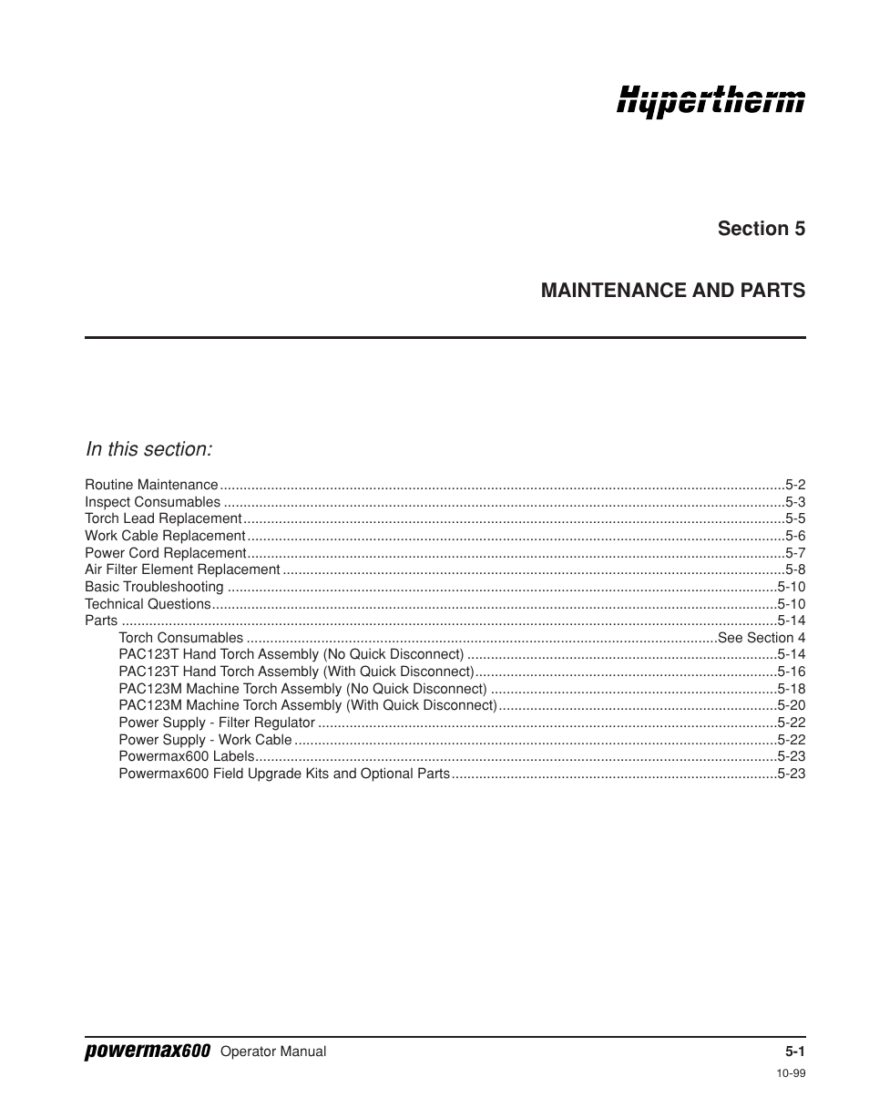 Section 5 - maintenance and parts, Section 5 maintenance/parts, Powermax | Hypertherm Powermax600 Operator Manual User Manual | Page 44 / 67