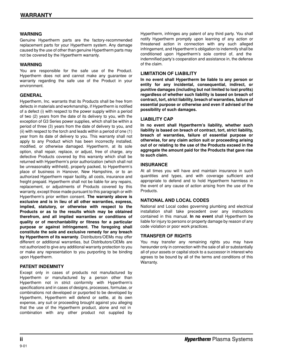 Warranty, Warranty ii hypertherm plasma systems | Hypertherm Powermax600 Operator Manual User Manual | Page 5 / 67