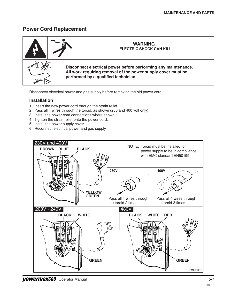 Power cord replacement -7, Powermax, Power cord replacement | Hypertherm Powermax600 Operator Manual User Manual | Page 50 / 67