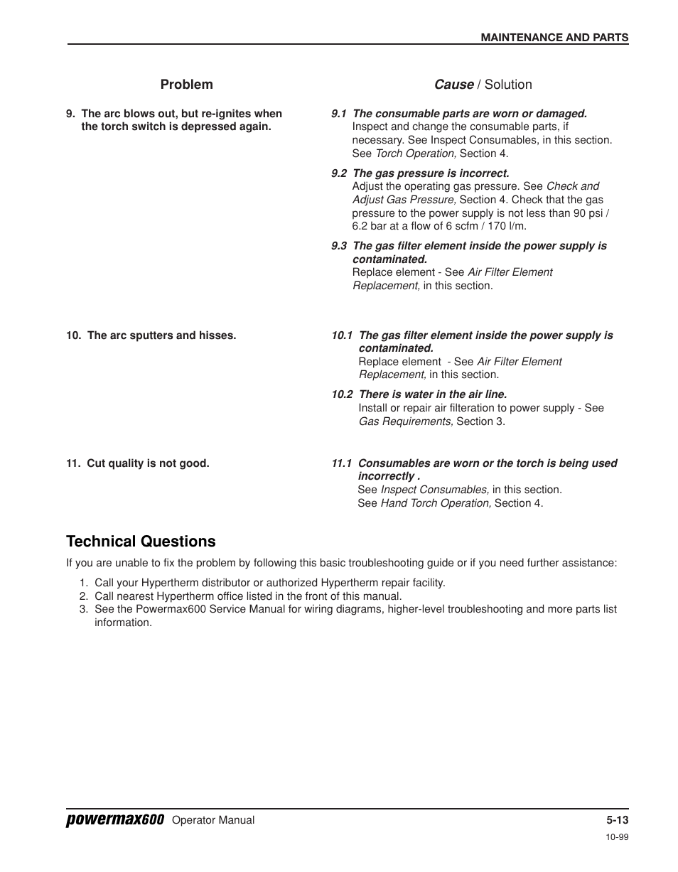 Powermax, Technical questions | Hypertherm Powermax600 Operator Manual User Manual | Page 56 / 67