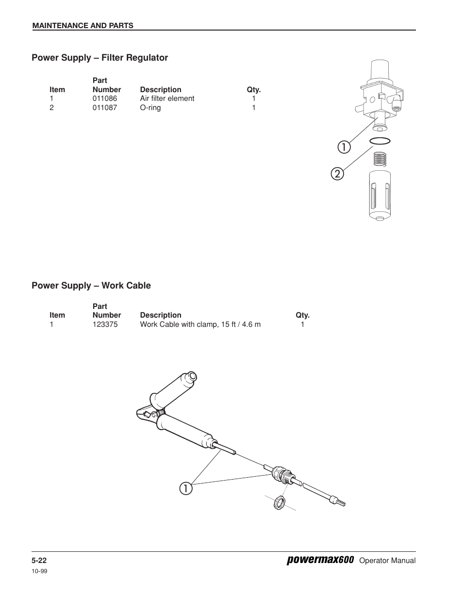 Power supply - filter regulator -22, Power supply - work cable -22, ቢባ ቢ | Powermax | Hypertherm Powermax600 Operator Manual User Manual | Page 65 / 67