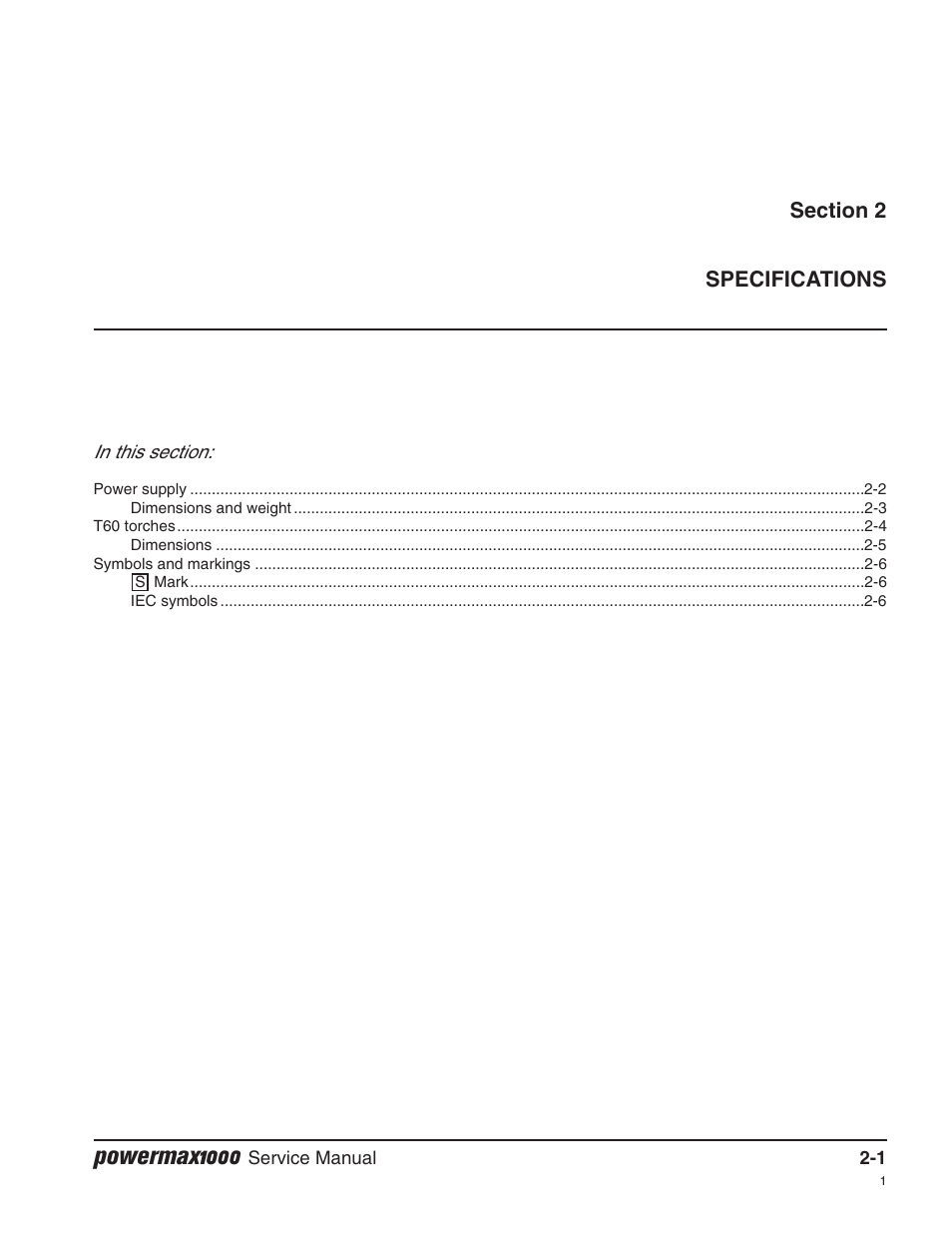 Section 2 — specifications, Powermax1000 | Hypertherm Powermax1000 Service Manual User Manual | Page 28 / 92