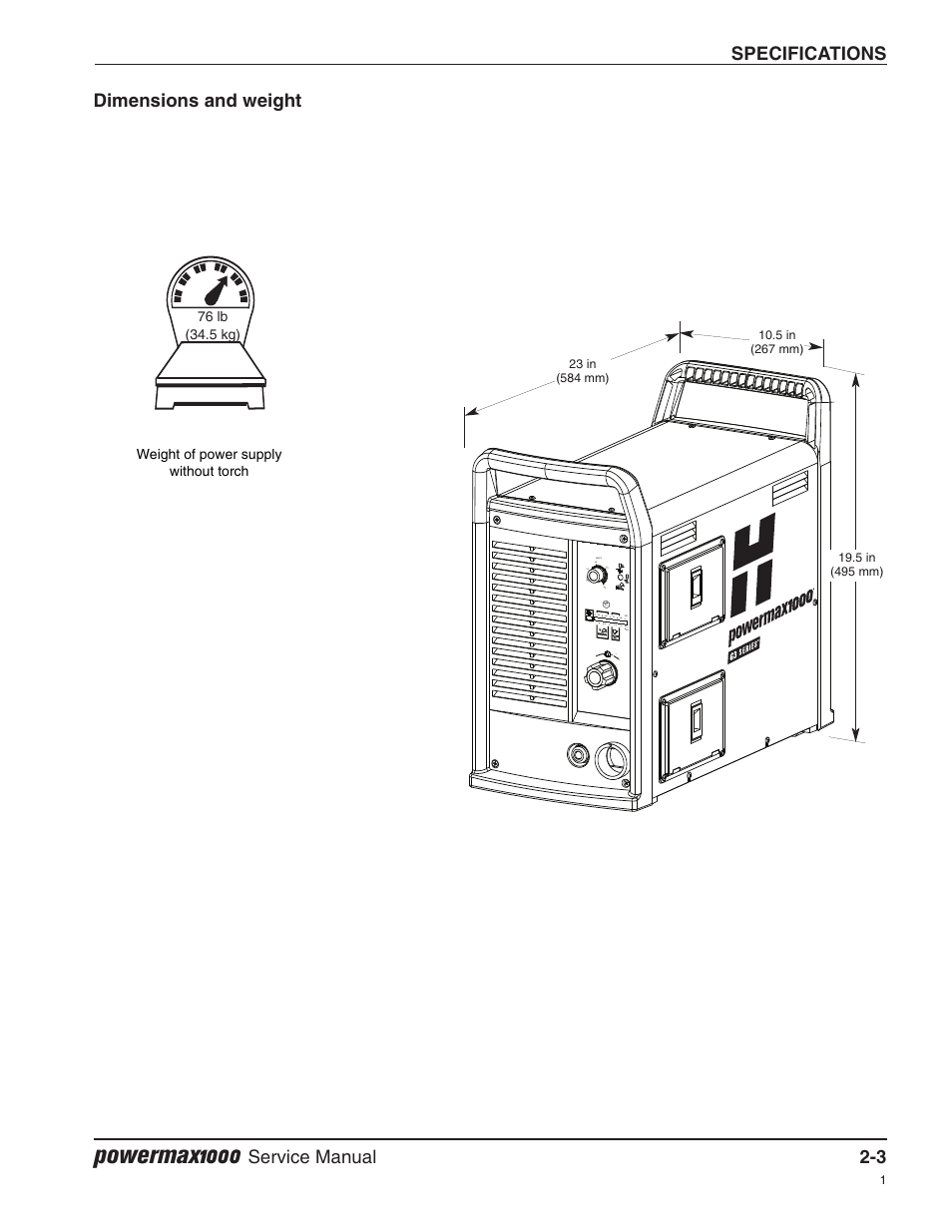 Dimensions and weight, Powermax1000, Specifications | Service manual 2-3 | Hypertherm Powermax1000 Service Manual User Manual | Page 30 / 92