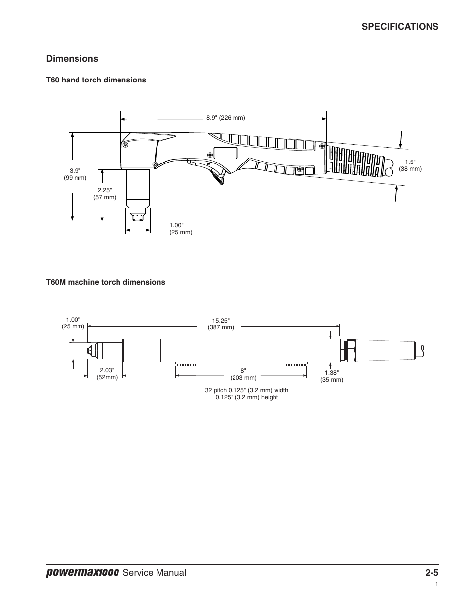 Dimensions, Powermax1000, Specifications | Service manual 2-5 | Hypertherm Powermax1000 Service Manual User Manual | Page 32 / 92