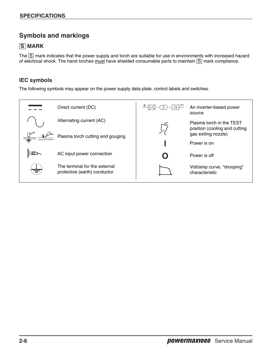 Symbols and markings, S mark, Iec symbols | Powermax1000 | Hypertherm Powermax1000 Service Manual User Manual | Page 33 / 92