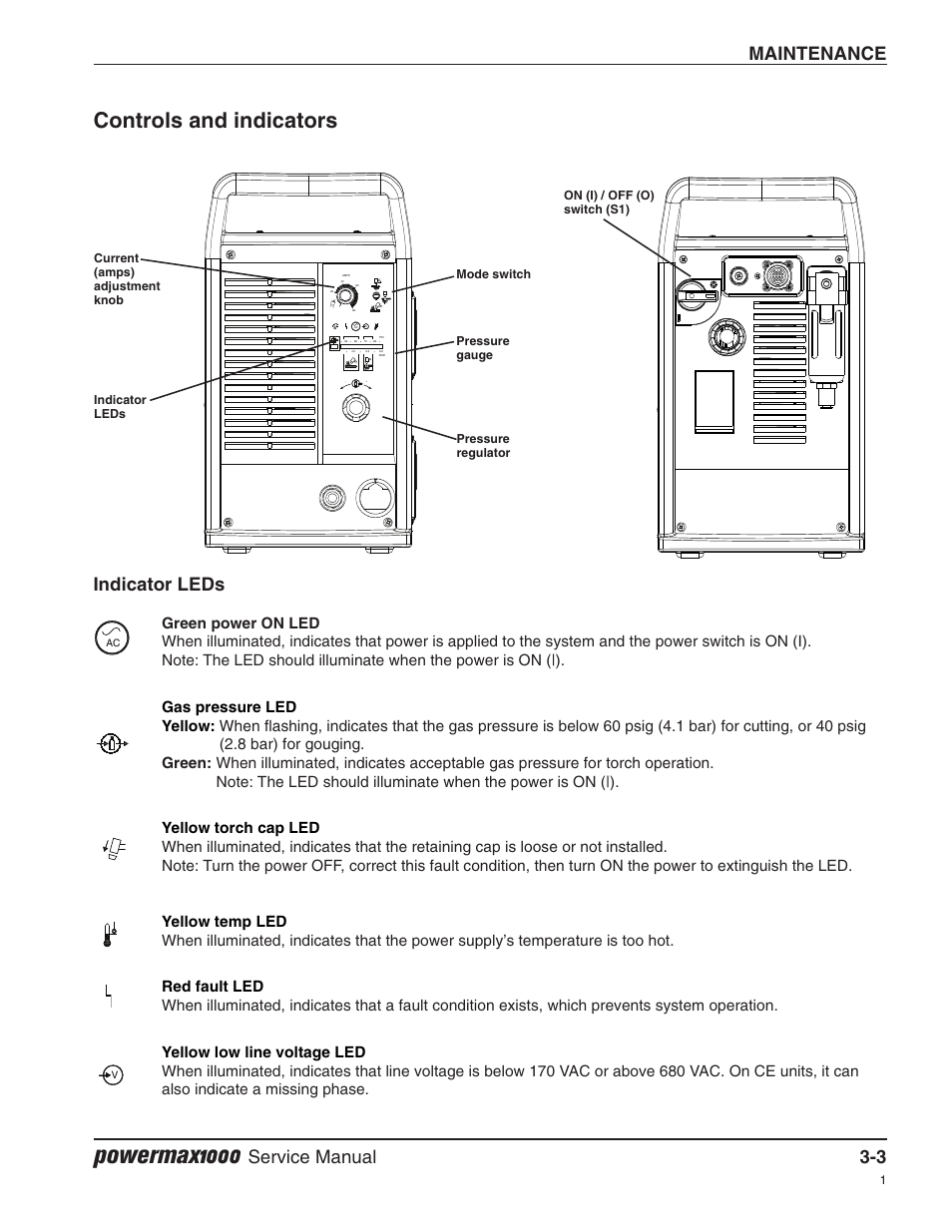 Controls and indicators, Indicator leds, Powermax1000 | Maintenance, Service manual 3-3 | Hypertherm Powermax1000 Service Manual User Manual | Page 36 / 92