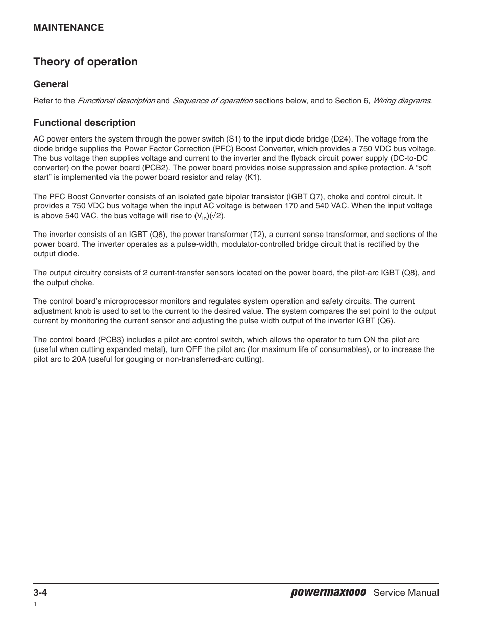 Theory of operation, General, Functional descripton | Powermax1000 | Hypertherm Powermax1000 Service Manual User Manual | Page 37 / 92