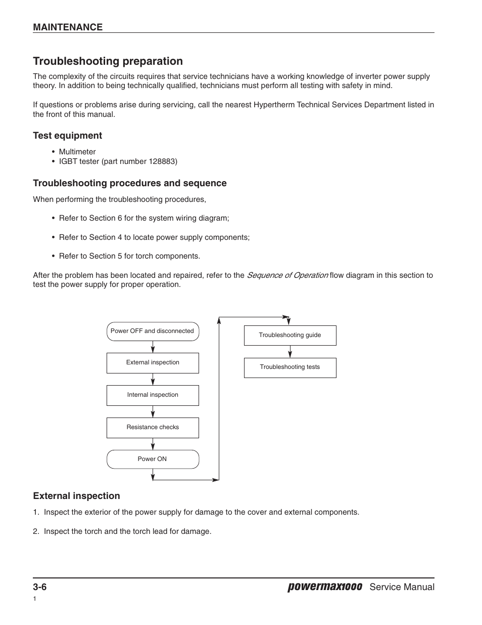 Troubleshooting preparation, Test equipment, Troubleshooting procedures and sequence | External inspection, Powermax1000 | Hypertherm Powermax1000 Service Manual User Manual | Page 39 / 92