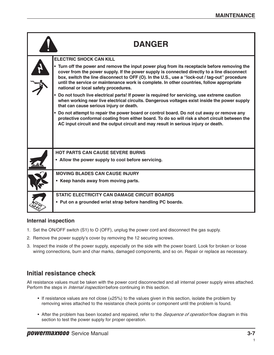 Internal inspection, Initial resistance check, Danger | Powermax1000 | Hypertherm Powermax1000 Service Manual User Manual | Page 40 / 92