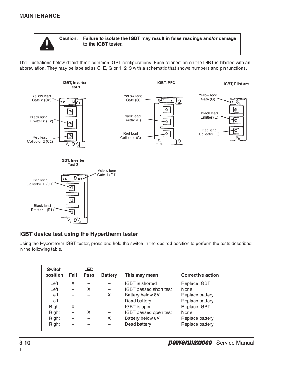 Igbt device test using the hypertherm tester, Powermax1000, Maintenance 3-10 | Service manual | Hypertherm Powermax1000 Service Manual User Manual | Page 43 / 92