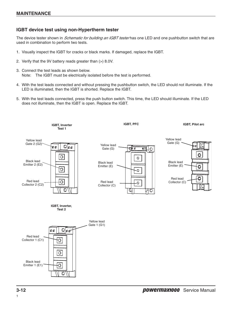 Igbt device test using non-hypertherm tester, Powermax1000, Maintenance 3-12 | Service manual | Hypertherm Powermax1000 Service Manual User Manual | Page 45 / 92