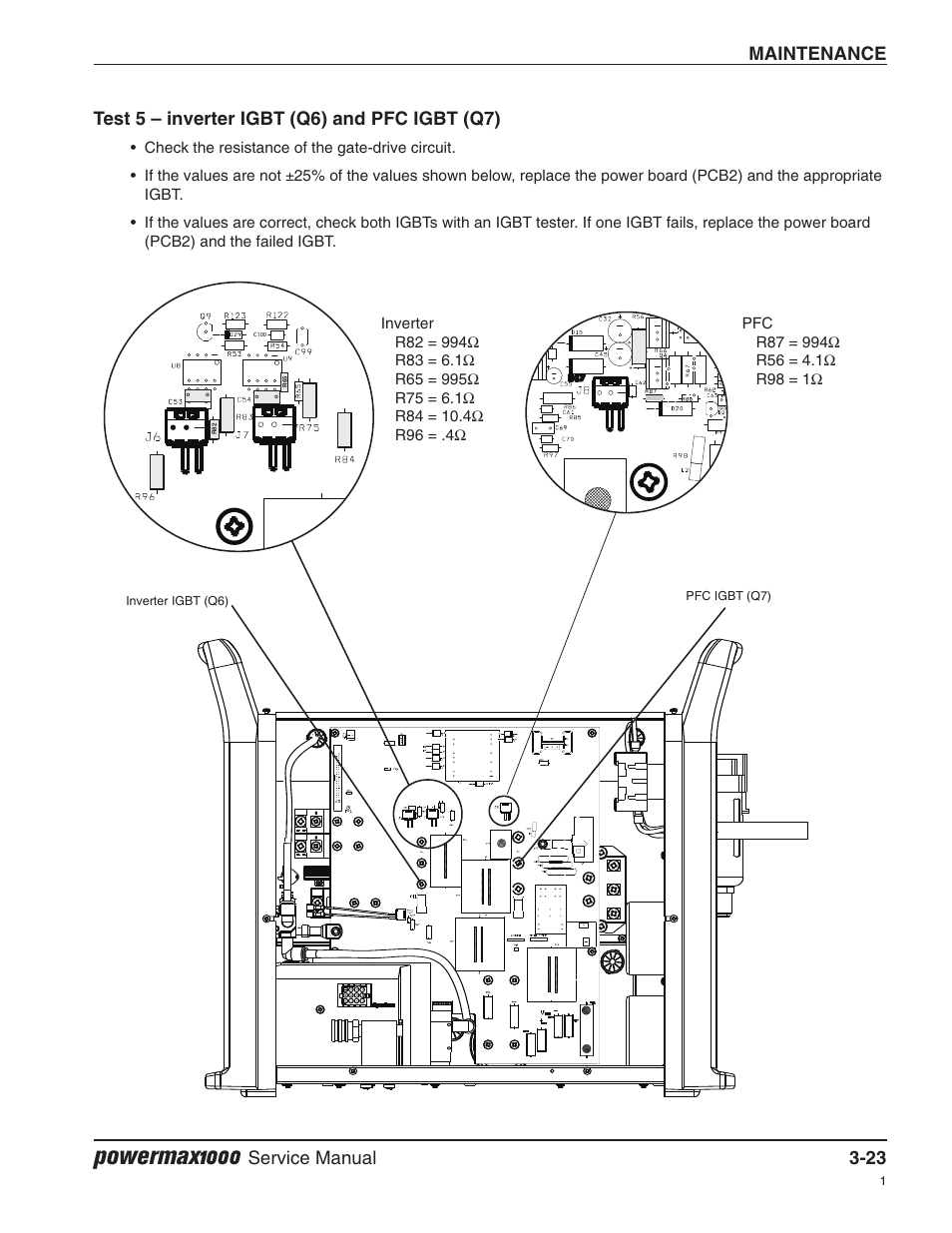 Test 5 — inverter igbt (q6) and pfc igbt (q7), Powermax1000, Maintenance | Hypertherm Powermax1000 Service Manual User Manual | Page 56 / 92