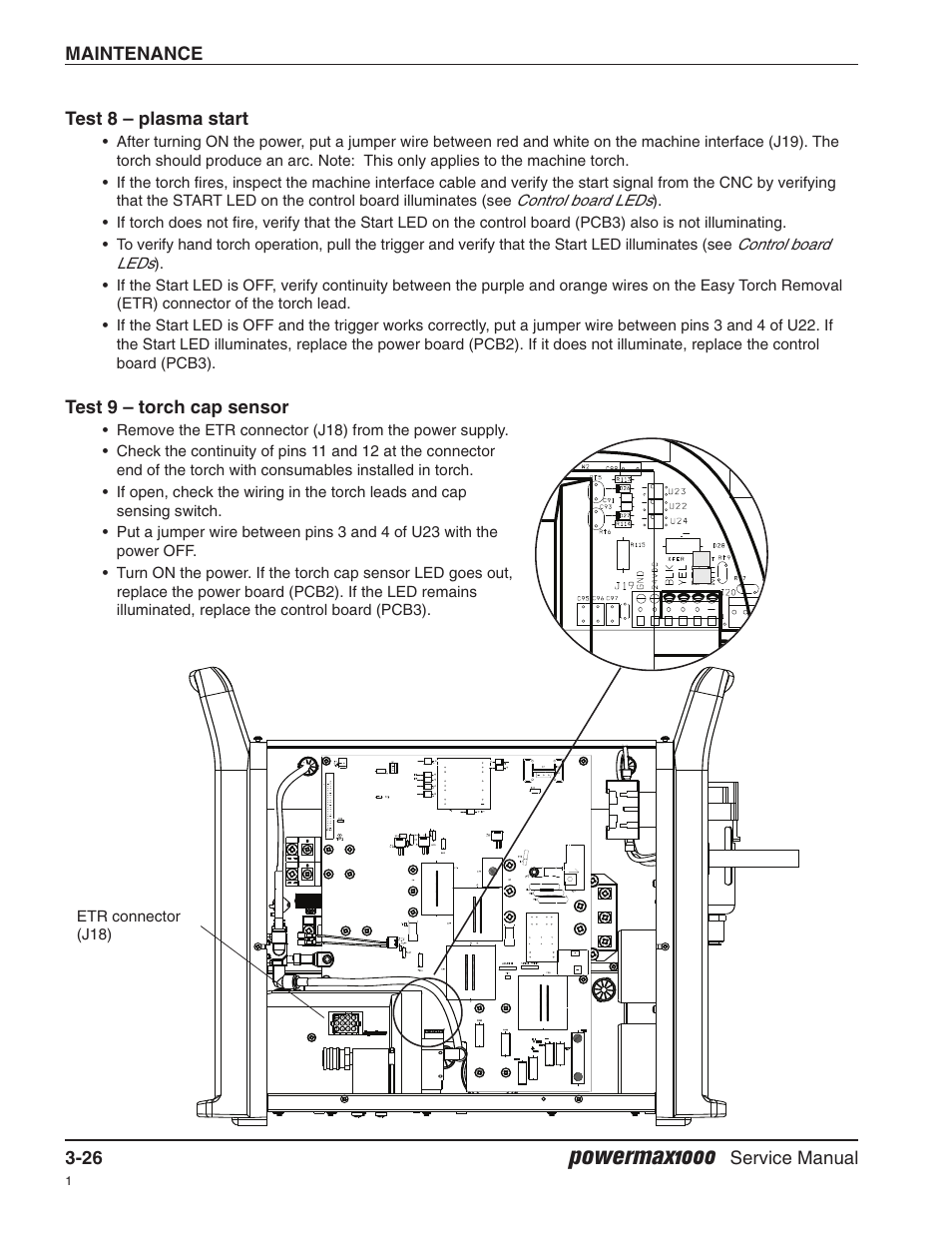 Test 8 — plasma start, Test 9 — torch cap sensor, Powermax1000 | Hypertherm Powermax1000 Service Manual User Manual | Page 59 / 92