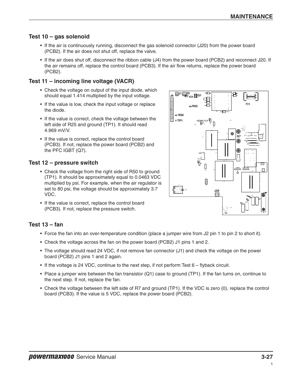 Test 10 — gas solenoid, Test 11 — incoming line voltage (vacr), Test 12 — pressure switch | Test 13 — fan, Powermax1000, Maintenance, Test 12 – pressure switch, Test 10 – gas solenoid, Test 13 – fan | Hypertherm Powermax1000 Service Manual User Manual | Page 60 / 92