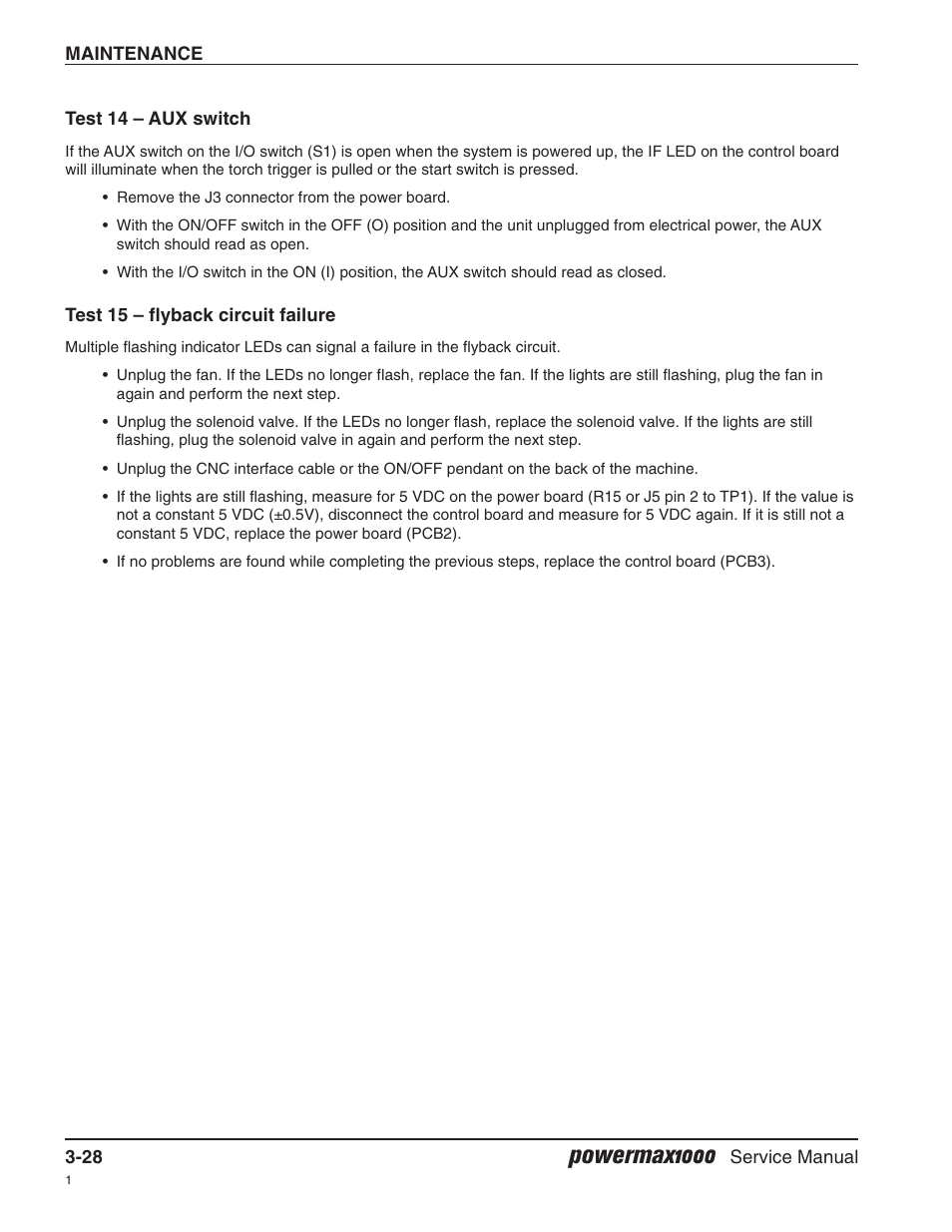 Test 14 — aux switch, Test 15 — flyback ciruit failure, Powermax1000 | Hypertherm Powermax1000 Service Manual User Manual | Page 61 / 92