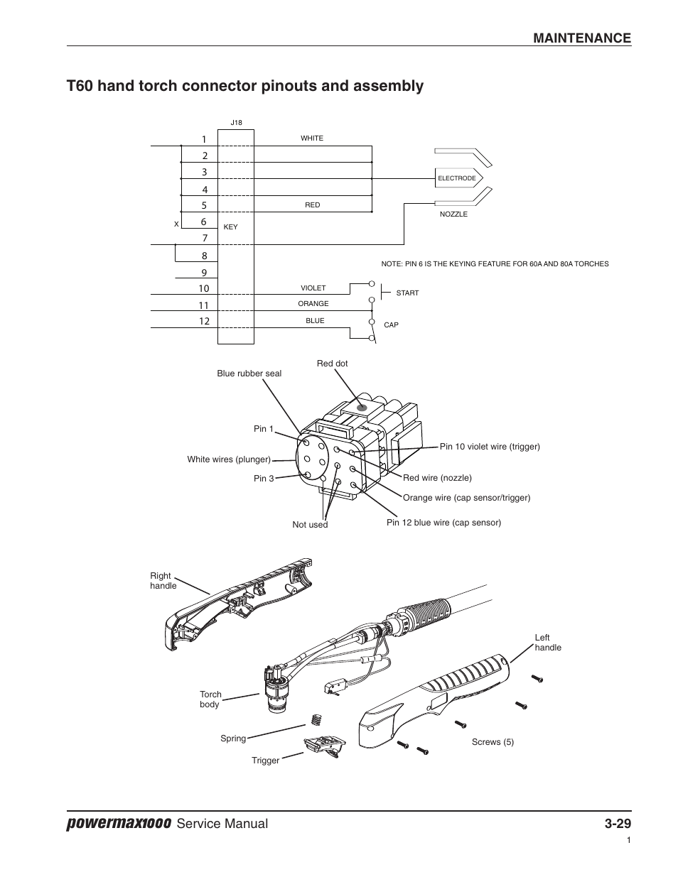 T60 hand torch connector pinouts and assembly, Powermax1000, Maintenance | Service manual 3-29 | Hypertherm Powermax1000 Service Manual User Manual | Page 62 / 92