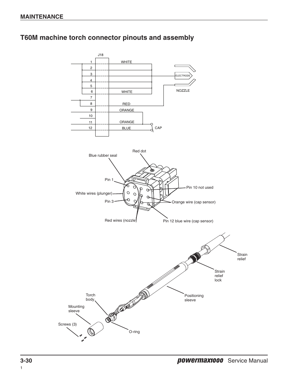 T60m machine torch connector pinouts and assembly, Powermax1000, Maintenance 3-30 | Service manual | Hypertherm Powermax1000 Service Manual User Manual | Page 63 / 92