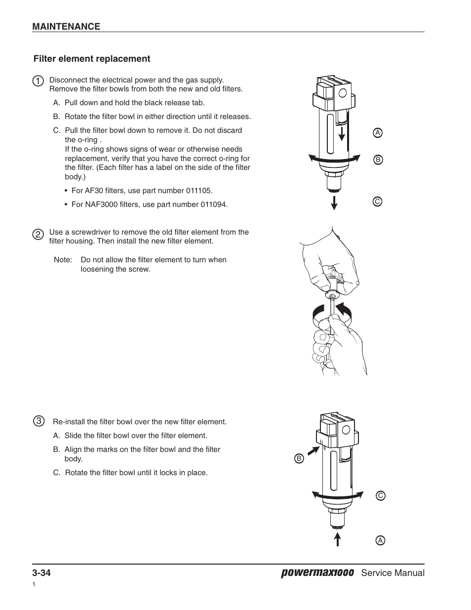 Filter element replacement, Powermax1000 | Hypertherm Powermax1000 Service Manual User Manual | Page 67 / 92