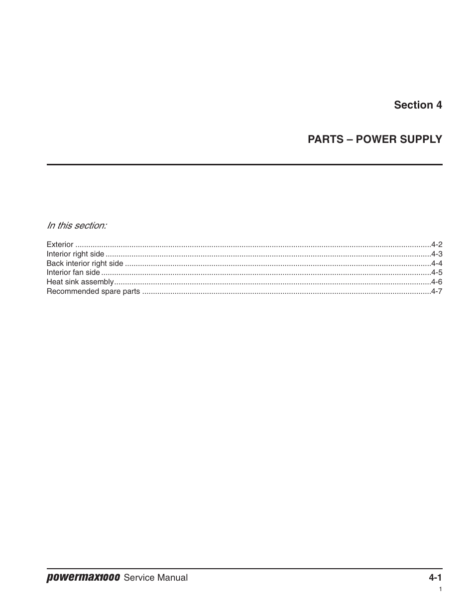 Section 4 — parts – power supply, Powermax1000 | Hypertherm Powermax1000 Service Manual User Manual | Page 72 / 92