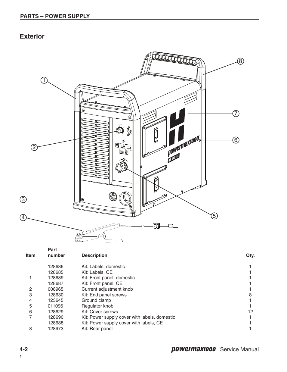 Exterior, Powermax1000, Parts – power supply 4-2 | Service manual | Hypertherm Powermax1000 Service Manual User Manual | Page 73 / 92