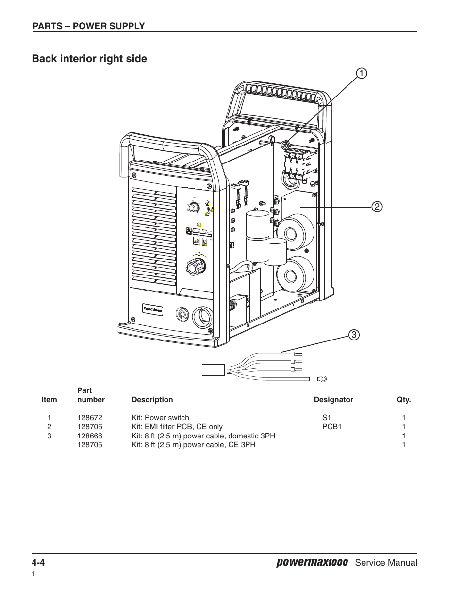 Back interior right side, Powermax1000, Parts – power supply 4-4 | Service manual | Hypertherm Powermax1000 Service Manual User Manual | Page 75 / 92
