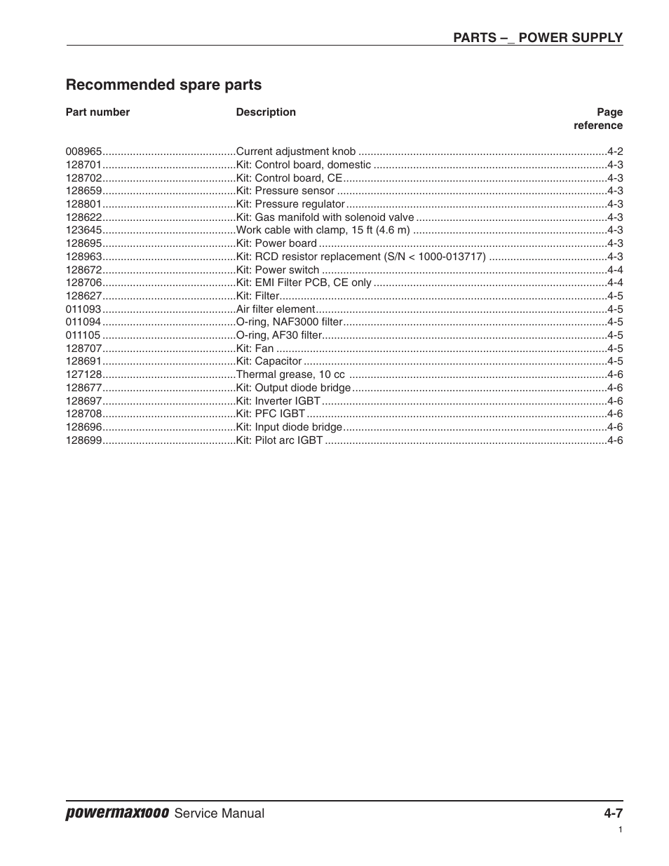 Recommended spare parts, Powermax1000 | Hypertherm Powermax1000 Service Manual User Manual | Page 78 / 92