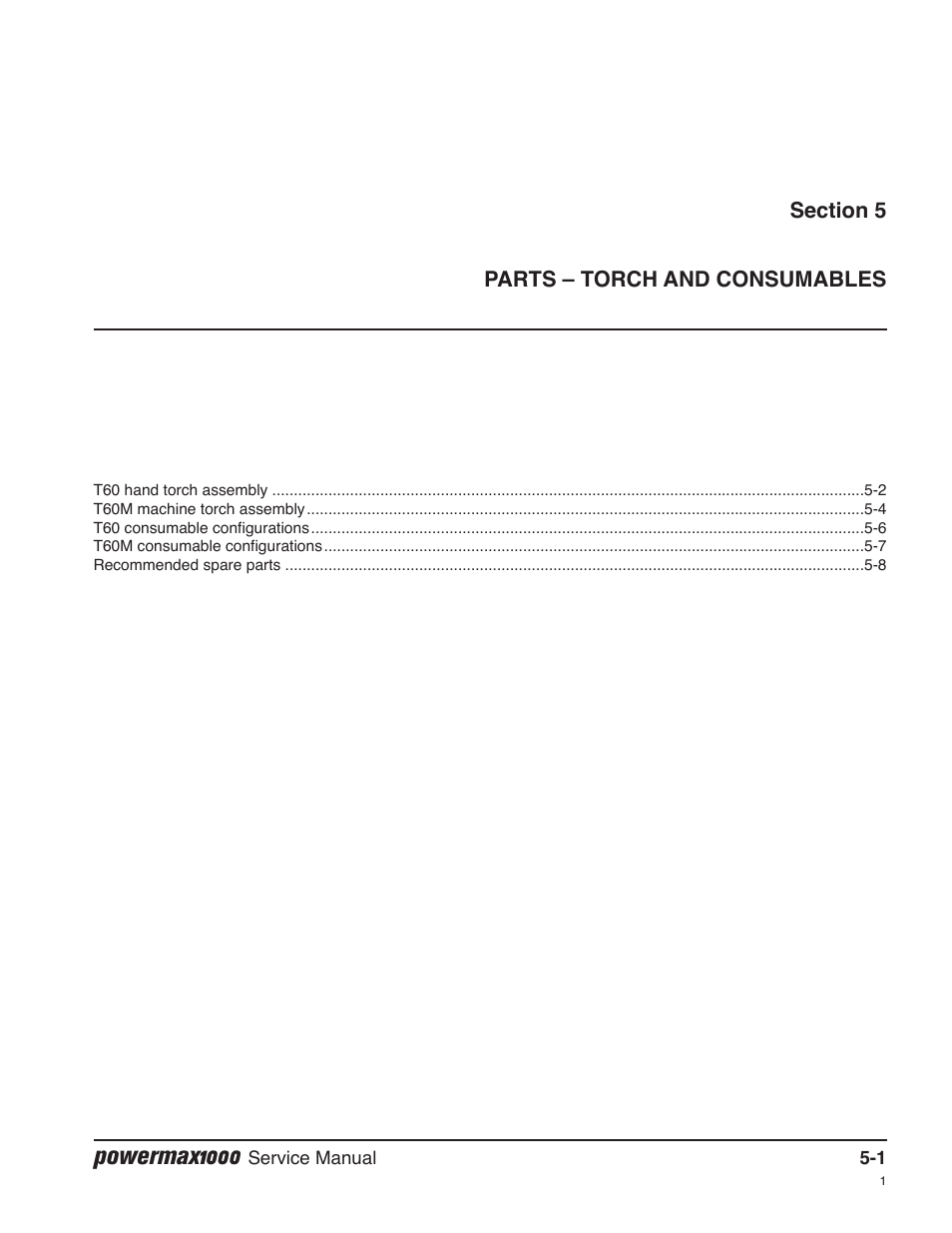 Section 5 — parts – torch and consumables, Powermax1000 | Hypertherm Powermax1000 Service Manual User Manual | Page 80 / 92