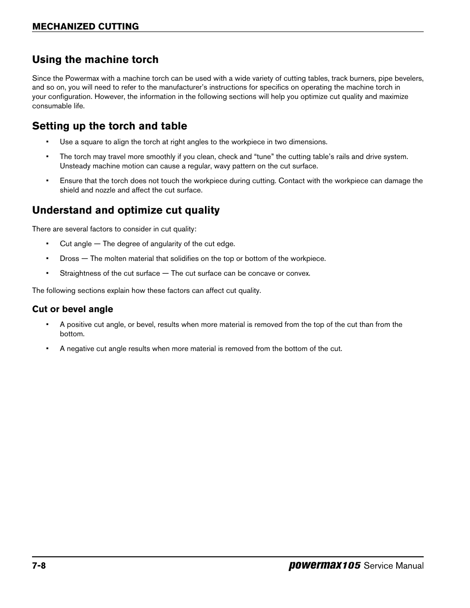 Using the machine torch, Setting up the torch and table, Understand and optimize cut quality | Cut or bevel angle, Cut or bevel angle -8, Powermax | Hypertherm Powermax105 Service Manual User Manual | Page 134 / 343