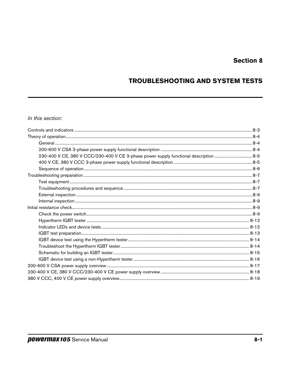 Section 8, Troubleshooting and system tests, Section 8 troubleshooting and system tests | Powermax | Hypertherm Powermax105 Service Manual User Manual | Page 139 / 343