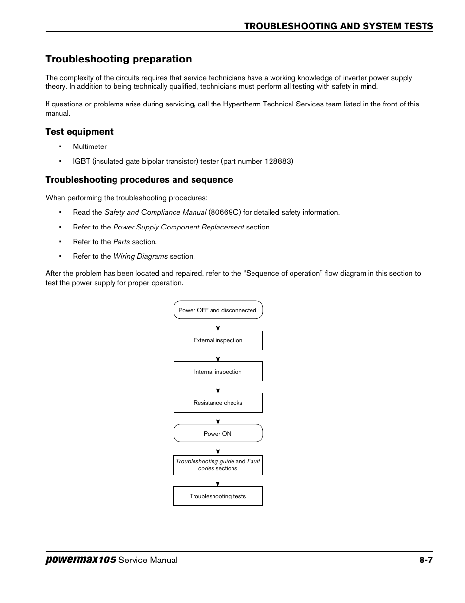 Troubleshooting preparation, Test equipment, Troubleshooting procedures and sequence | Troubleshooting preparation -7, Powermax | Hypertherm Powermax105 Service Manual User Manual | Page 145 / 343